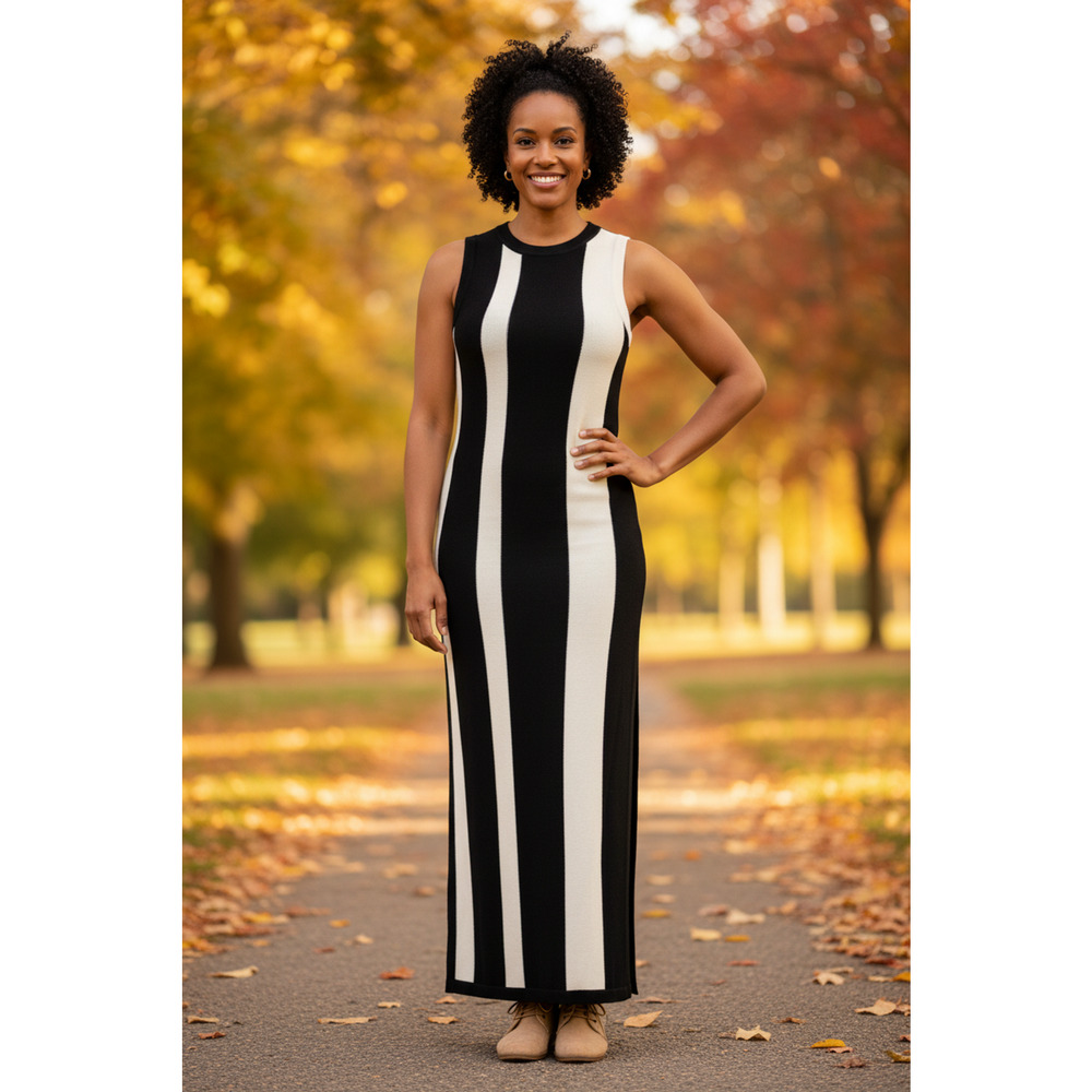 The Drop Stripe Sweater Dress XL Black Whisper Cream Knit Side Slit Minimalist